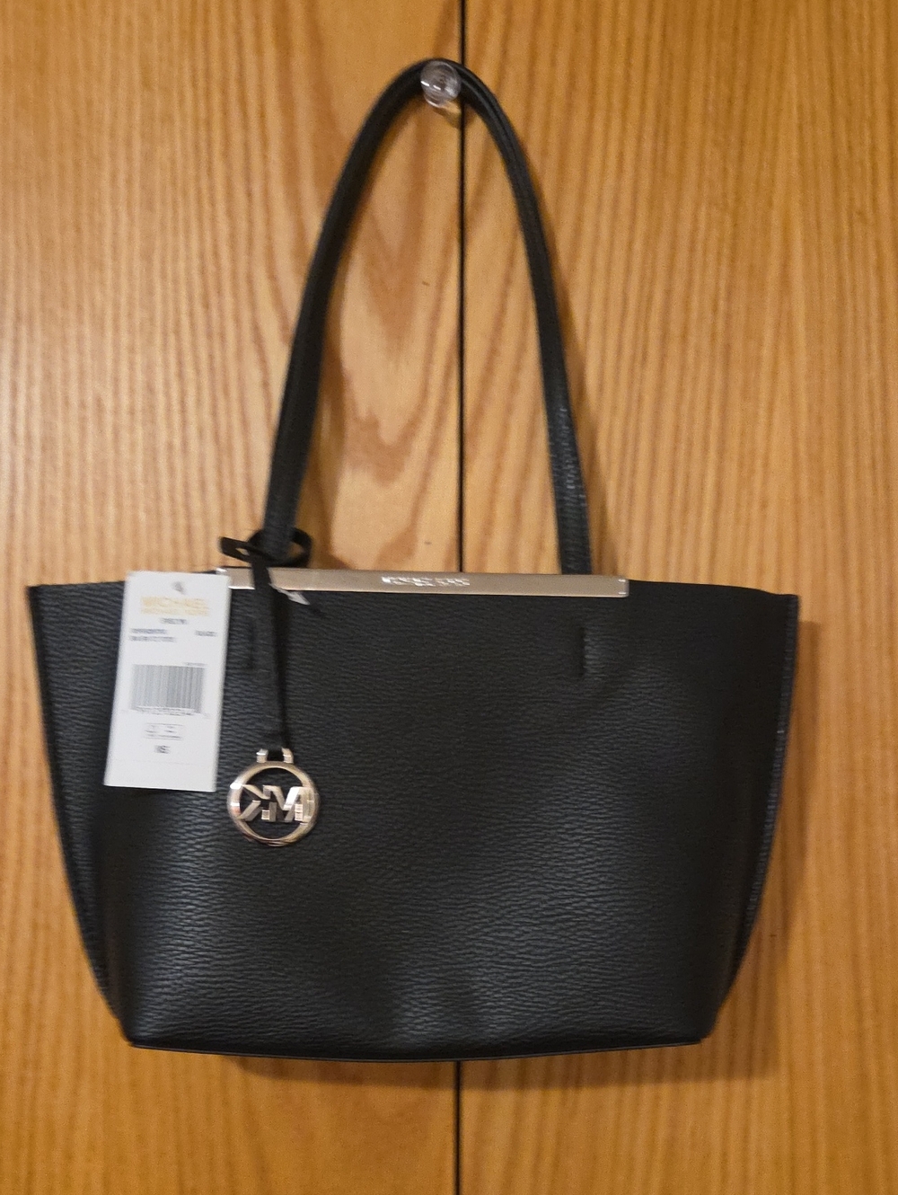 Michael Kors Evelyn Black Pebbled Leather Small Tote with Gold Logo Charm